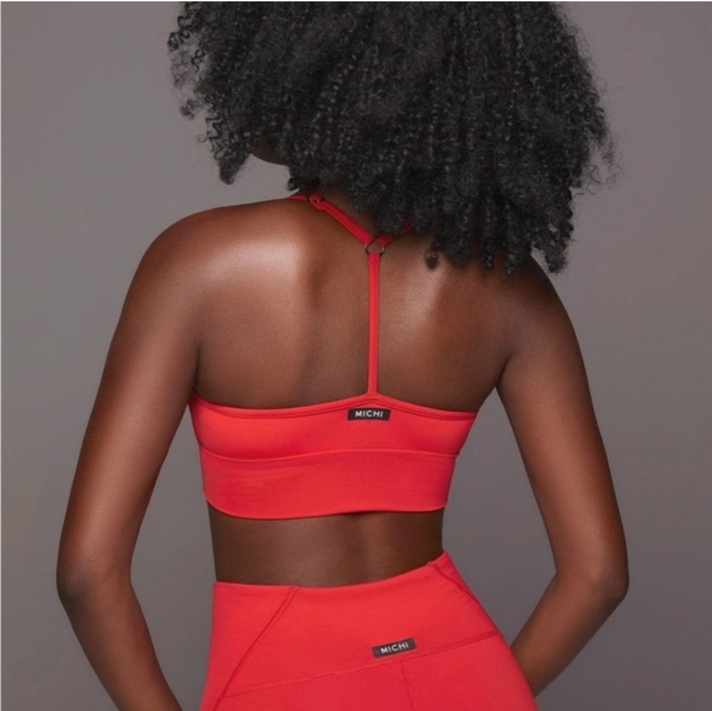 Matching Gym Set: Medium Ruched Red Bralette & Small Ruched Biker Short Set - Picture 2 of 9